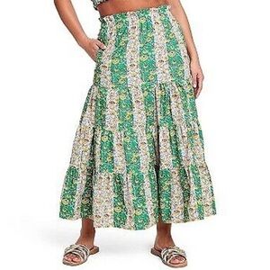 RHODE Target tiered prarie maxi skirt green mixed floral stripe pockets. Sz XXL